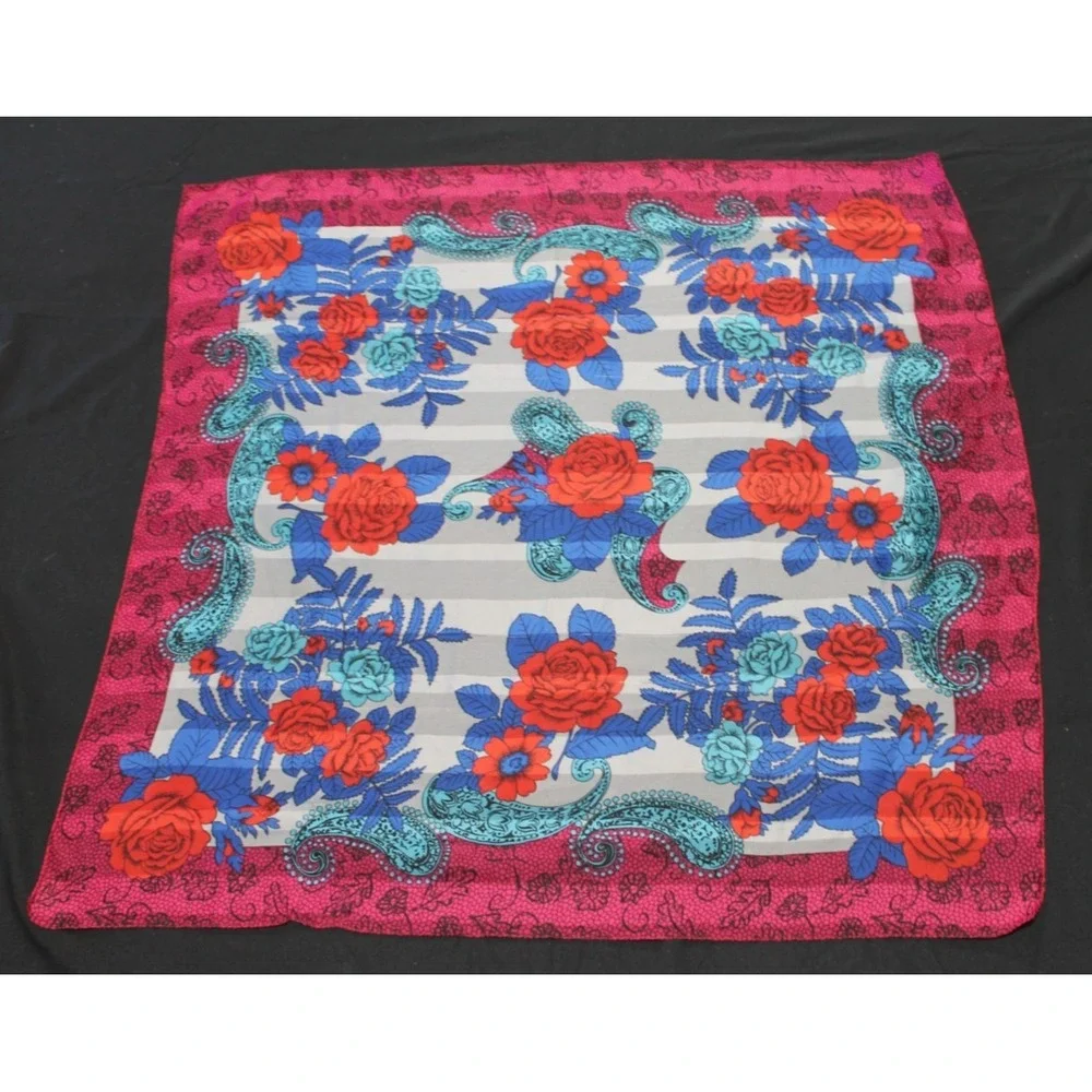 Silk Feel Floral Paisley Square Scarf Pink Blue Red White Stripes 30 x 20